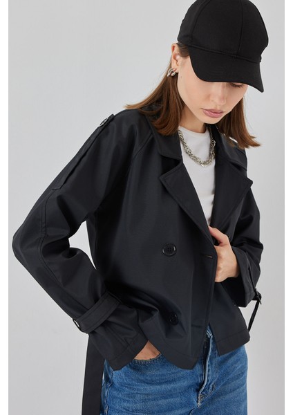 Kadın Kemerli Kısa Trençkot 5970 - Siyah fırsatları