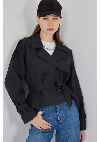 Kadın Kemerli Kısa Trençkot 5970 - Siyah indirimleri