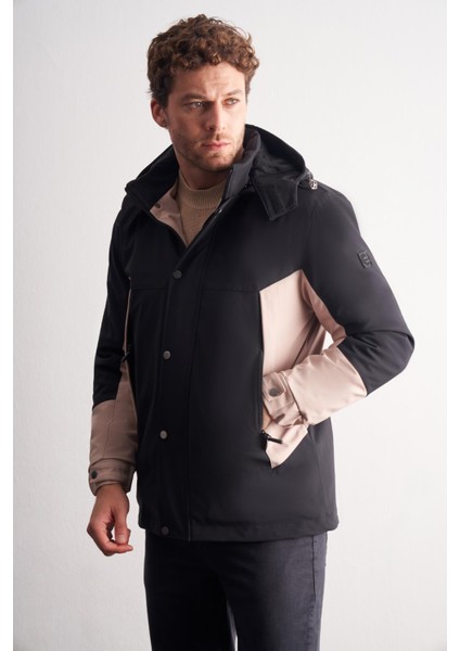 Siyah - Bej Kapüşonlu Yaka Bondid Yırtmaçsız Casual Mont 1007255134