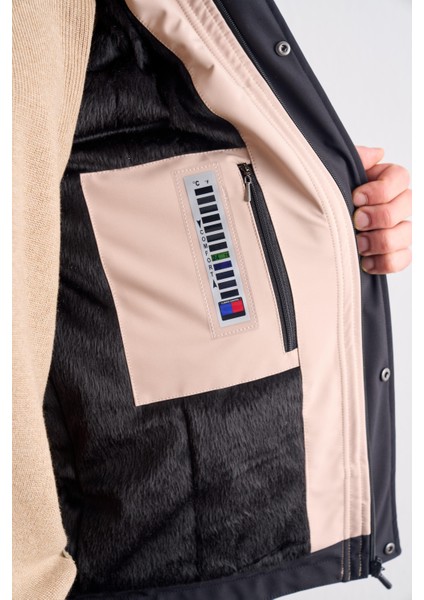 Siyah - Bej Kapüşonlu Yaka Bondid Yırtmaçsız Casual Mont 1007255134