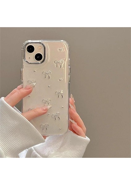 16 Uyumlu Kılıf Fiyonk Desenli Şeffaf Simli Gümüş Kamera Çıkıntılı Çok Şık Kapak ( _16E) modelleri