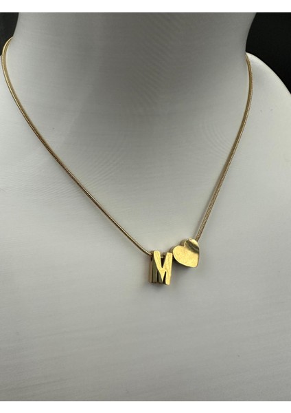 Altın Renk M Harfi ve Kalp Detaylı Çelik Kolye fiyatları