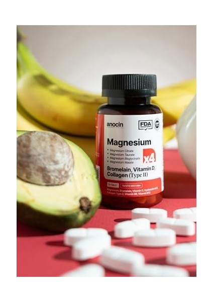 Anocin Magnezyum X4 Complex Citrate, Taurate, Bisglycinate, Malate + Bromelain + Kolajen+ H.ASİT+D+B12+B6 30 Tablet modelleri