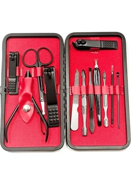 Neystore 12 Parça Paslanmaz, Koruma Çantaıı, Manikür ve Tırnak Bakım Seti (Siyah)