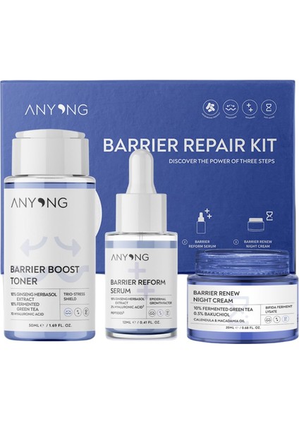Anyong Bariyer Onarıcı, Nemlendirici ve Canlandırıcı Cilt Bakım Kiti (Tonik, Serum, Krem) Ginseng&yeşil Çay(50 ml + 12 ml + 20 Ml)