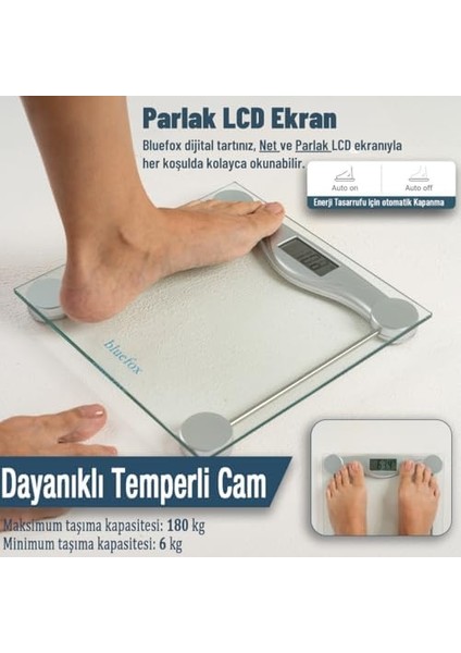 Bluefox Dijital Cam Tartı - 180 kg Kapasite, Parlak LCD Ekran, Temperli Cam Yüzey, Hassas Ölçüm (100G Artış), Step-On Teknolojisi, Modern Minimalist Tasarım, Enerji Verimliliği, 3 Yıl Garanti modelleri