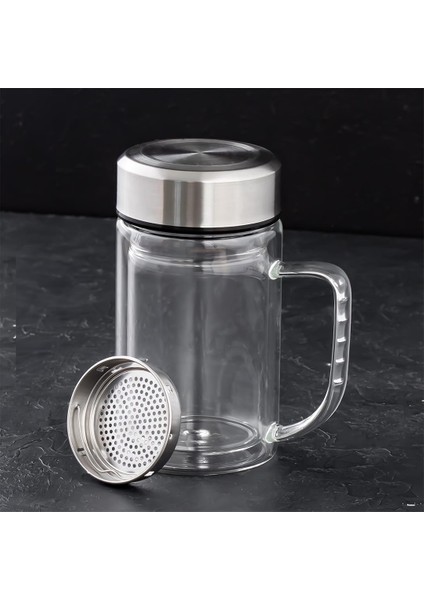 By-84 Çift Cidarlı Süzgeçli Kupa Metal Kapaklı Kulplu Borosilikat Bitki Çayı Bardağı Çay Kahve Kupası