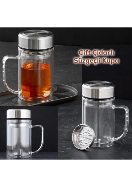 By-84 Çift Cidarlı Süzgeçli Kupa Metal Kapaklı Kulplu Borosilikat Bitki Çayı Bardağı Çay Kahve Kupası fiyatları