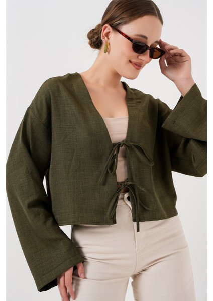 Önü Bağlamalı Keten Kimono 960 - Haki
