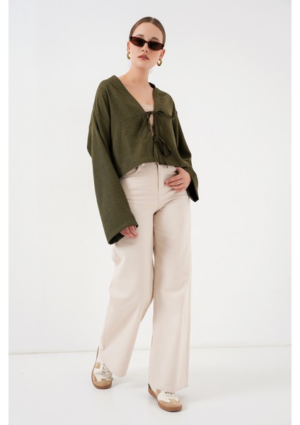 Önü Bağlamalı Keten Kimono 960 - Haki fiyatları