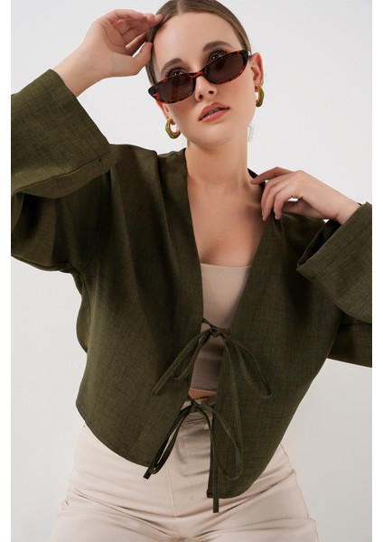 Önü Bağlamalı Keten Kimono 960 - Haki modelleri