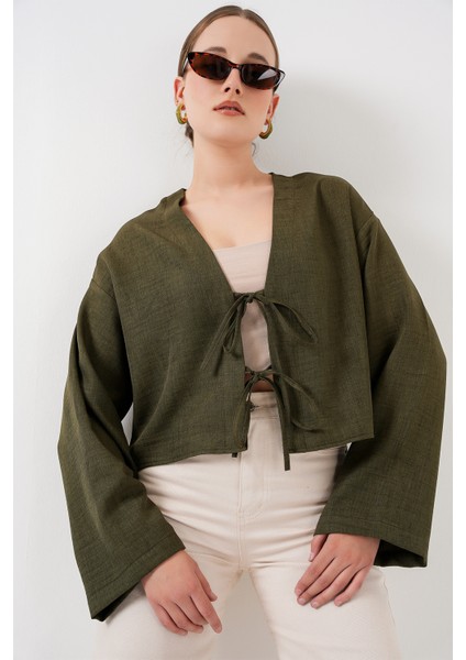 Önü Bağlamalı Keten Kimono 960 - Haki fırsatları