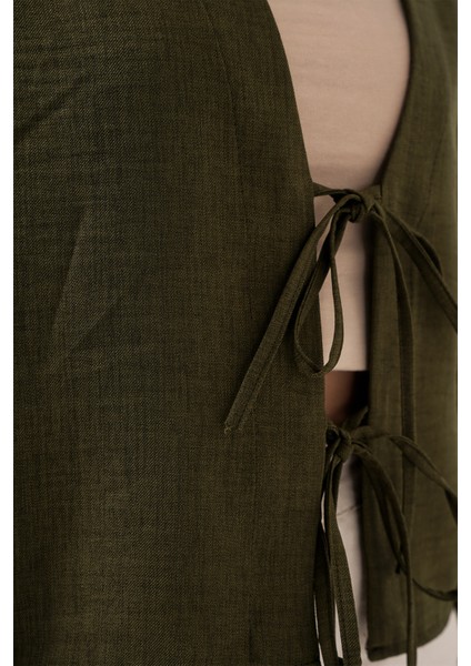 Önü Bağlamalı Keten Kimono 960 - Haki indirimleri