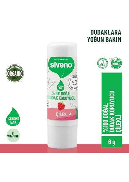 Siveno %100 Doğal Dudak Koruyucu Çilek Bitkisel Lipbalm Dudak Kremi Nemlendirici Parlatıcı Onarıcı 6g