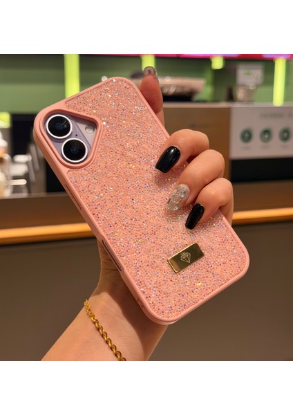 iPhone 17 Kılıf Içi Kadife Elmas Tasarımlı Pembe Taşlı Işıltılı Pırlanta Silikon Kapak