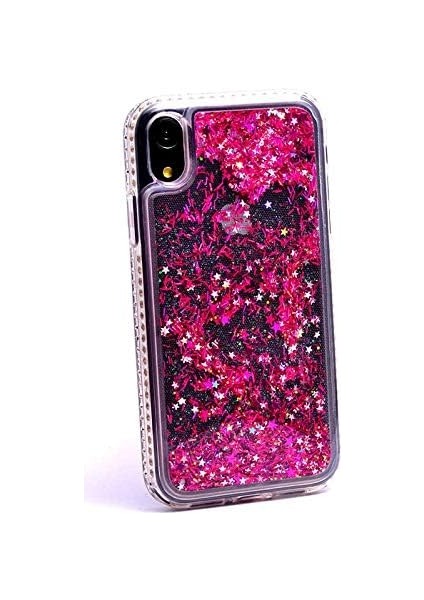 Xr Uyumlu Yanları Taşlı Sulu Simli Lüx Silikon Kılıf (Pembe, Xr)