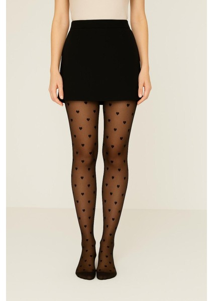 Kadın Mini Heart Siyah Külotlu Çorap - Women's Mini Kalp Black Tights