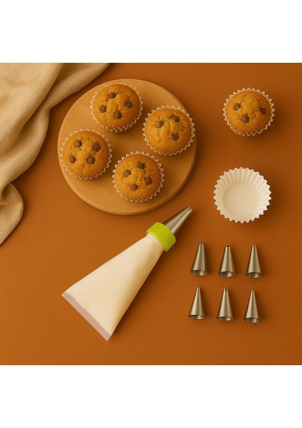 Store Krema Sıkma Torbası Seti (9 Çelik Uç + 100'LÜ Renkli Muffin Kağıdı) – Pasta Süsleme ve Yapımı Için Pratik Set