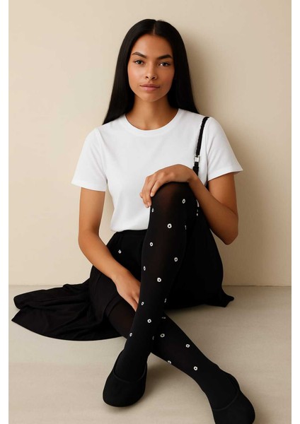 Simli Kuşgözü Siyah Rengi Silvery Eyelet Külotlu Çorap