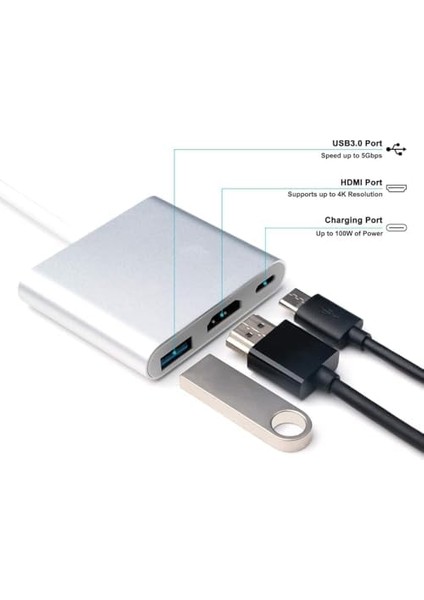Hb-05 4K Hdmi Type C USB Çok Fonksiyonlu Metal A Kalite Kalın Kablolu Hub (Hdmı USB Type C Hd 4K Hub Hb-05) modelleri