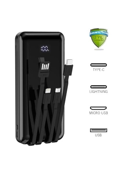 Robeve 10000 Mah Dijital Göstergeli Dahili Kablolu Powerbank 10000 Mah Powerbank Lightning - Type C - USB - Micro USB Dahili Kablolu Powerbank Bpb3 modelleri