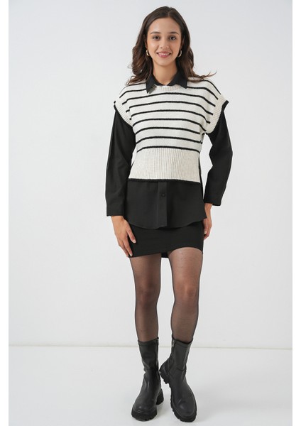 Kadın Çizgili Triko Süveter 15926 - Ekru fiyatları
