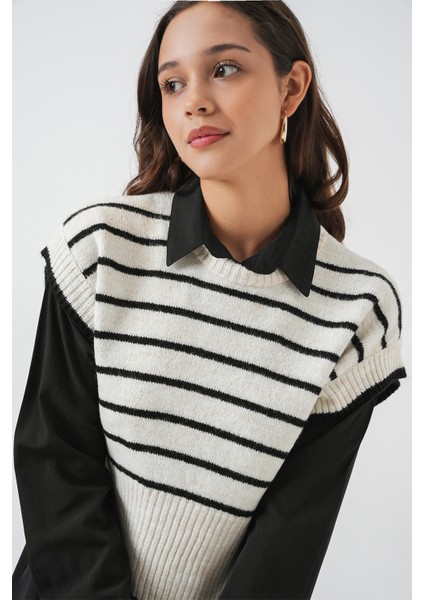 Kadın Çizgili Triko Süveter 15926 - Ekru fırsatları