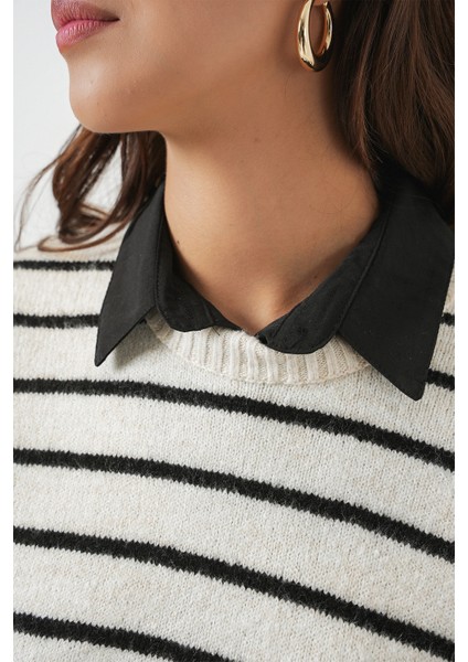 Kadın Çizgili Triko Süveter 15926 - Ekru indirimleri