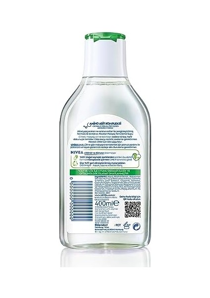 Nıvea Micellar Makyaj Temizleme Suyu Arındırıcı ve Matlaştırıcı 400 Ml, Yüz, Göz ve Dudak Temizleyici, Amino Asit Kompleksi ve Okyanus Yosunu Özü