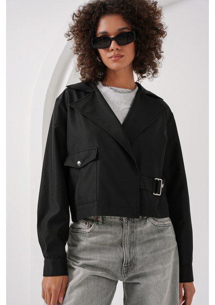 0712 Kruvaze Yaka Kısa Trençkot - Siyah