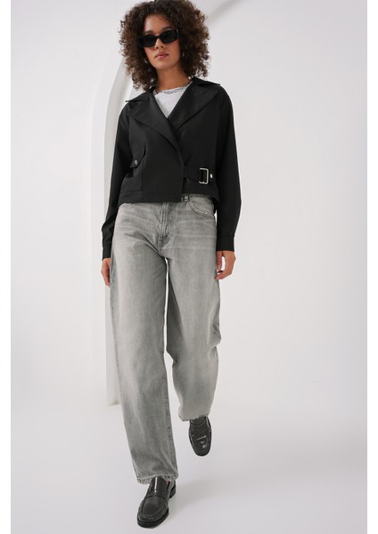 0712 Kruvaze Yaka Kısa Trençkot - Siyah fiyatları