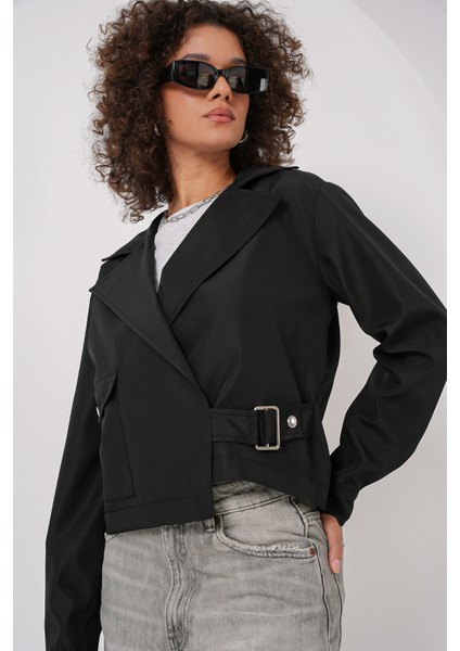 0712 Kruvaze Yaka Kısa Trençkot - Siyah modelleri