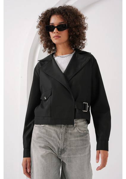 0712 Kruvaze Yaka Kısa Trençkot - Siyah fırsatları