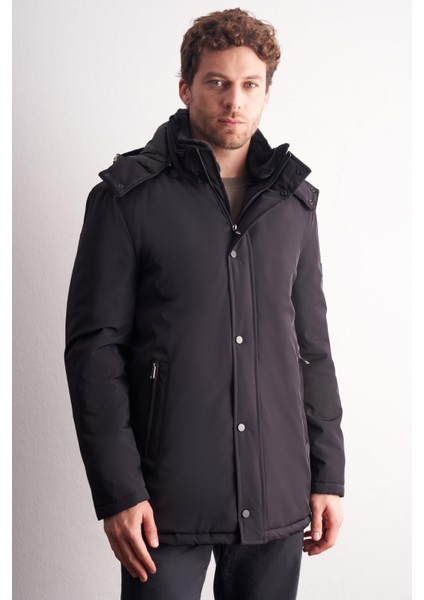 Siyah Çıkma Kapşonlu Dik Yaka Yırtmaçsız Esnek Classic Kaban 1008255165