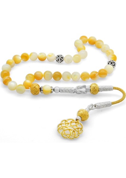 (Tesbihane) 1000 Ayar Gümüş Kazaz Püsküllü Küre Kesim Sarı Sedef Doğaltaş Tesbih modelleri