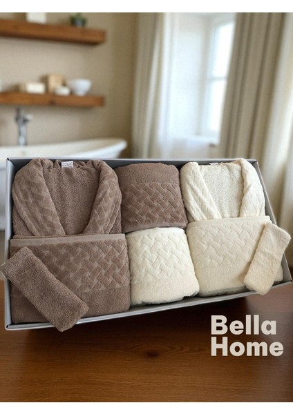 8 Parça Hasır Aile Bornoz Seti - Çeyiz Seti - %100 Pamuk - Orijinal Lüks Kutu