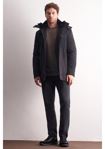 Siyah Çıkma Kapşonlu Dik Yaka Yırtmaçsız Esnek Classic Kaban 1008255165 fiyatları