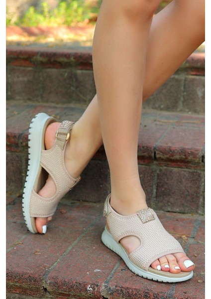Günlük Kadın Triko Taşlı Sandalet Yumuşak Rahat Ortopedik
