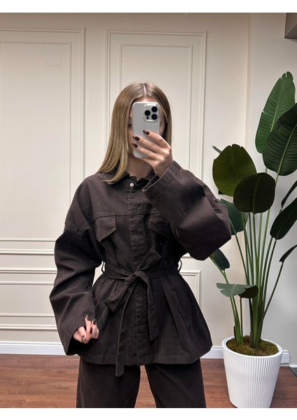 Beli Kuşaklı Kot Takım - Kahverengi