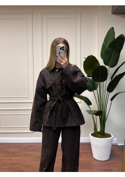 Beli Kuşaklı Kot Takım - Kahverengi modelleri