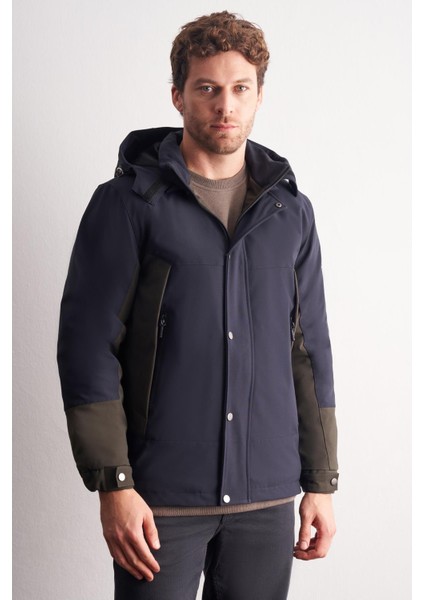 Lacivert - Haki Kapüşonlu Yaka Bondid Yırtmaçsız Casual Mont 1007255134