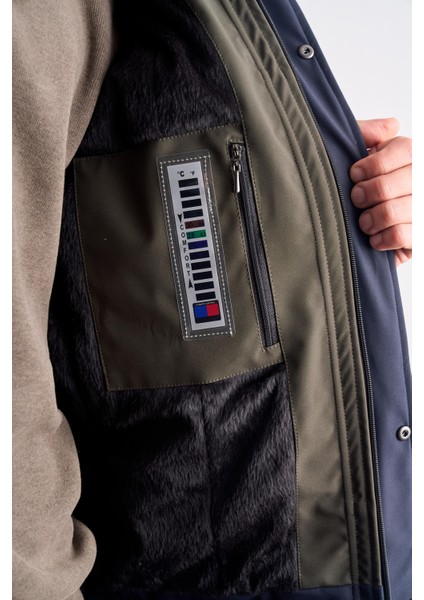 Lacivert - Haki Kapüşonlu Yaka Bondid Yırtmaçsız Casual Mont 1007255134