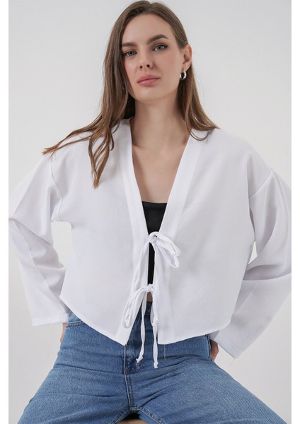 Önü Bağlamalı Keten Kimono 960 - Beyaz