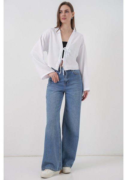 Önü Bağlamalı Keten Kimono 960 - Beyaz modelleri