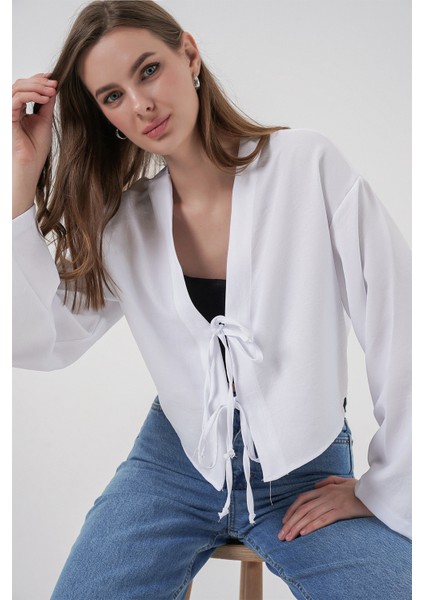 Önü Bağlamalı Keten Kimono 960 - Beyaz fırsatları