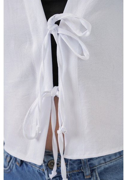 Önü Bağlamalı Keten Kimono 960 - Beyaz indirimleri