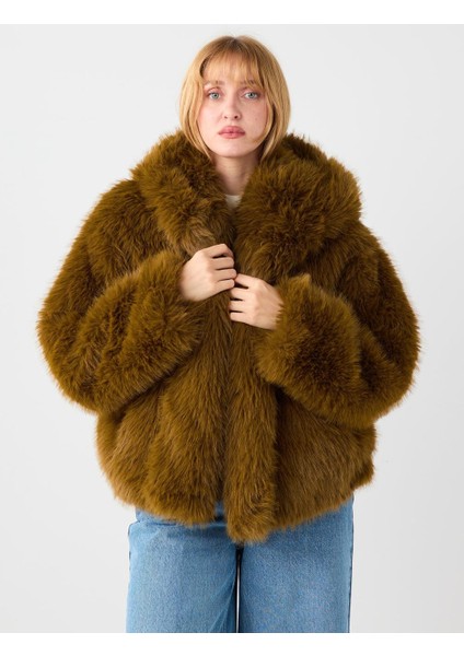 Kahverengi Düz Kesim Kapşonlu Kürk Ceket