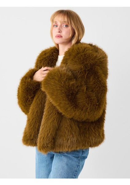 Kahverengi Düz Kesim Kapşonlu Kürk Ceket modelleri