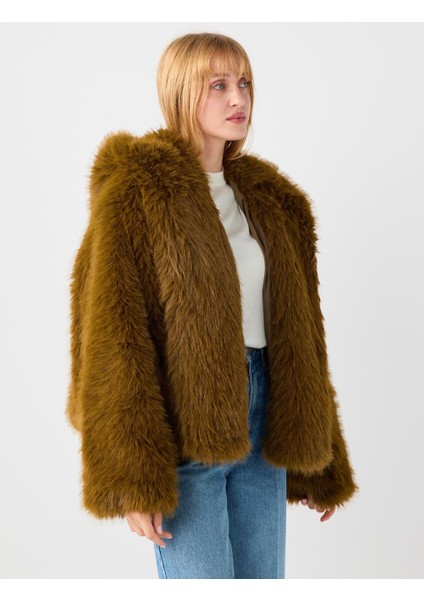 Kahverengi Düz Kesim Kapşonlu Kürk Ceket fırsatları