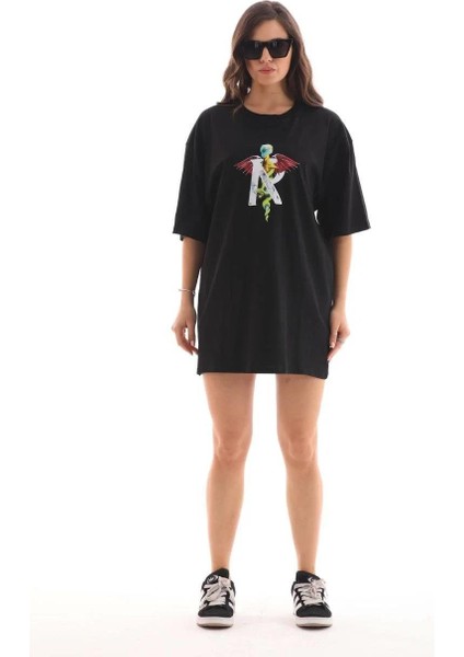 Unisex Bisiklet Yaka Baskılı Oversize T-Shirt - Siyah